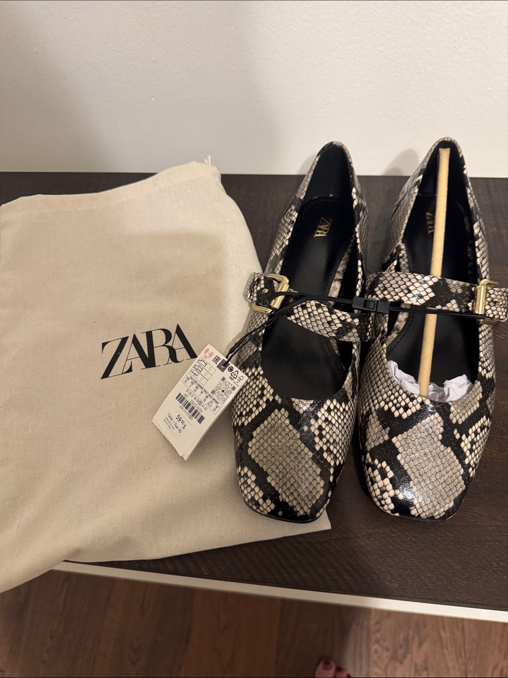 Zara Snake-Print Mary Jane Flats in Black and Cream